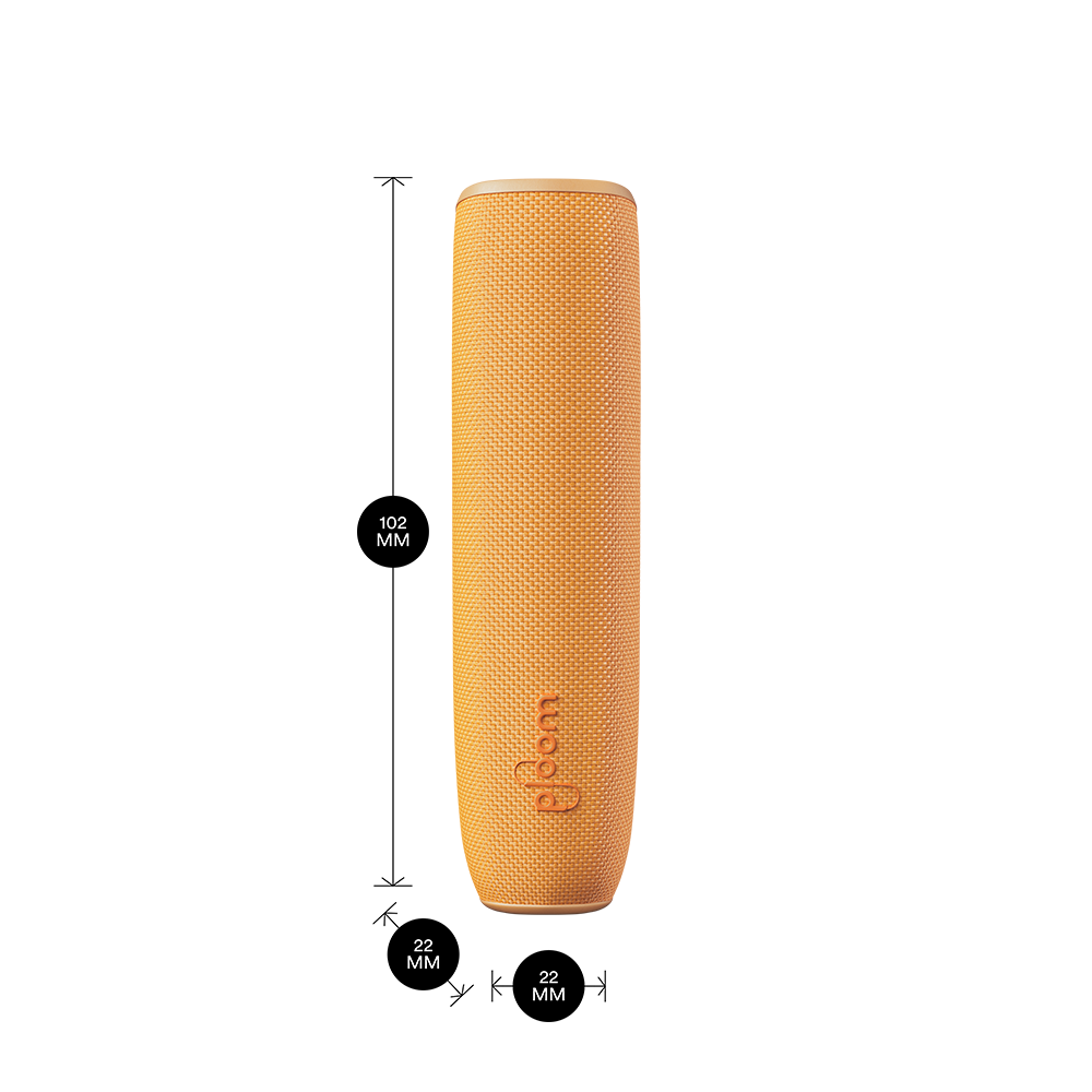 Ploom AURA device with a Mango Sorbet Back Cover shown with product dimensions: 10.2cm height x 2.2 cm width and 2.2 cm depth